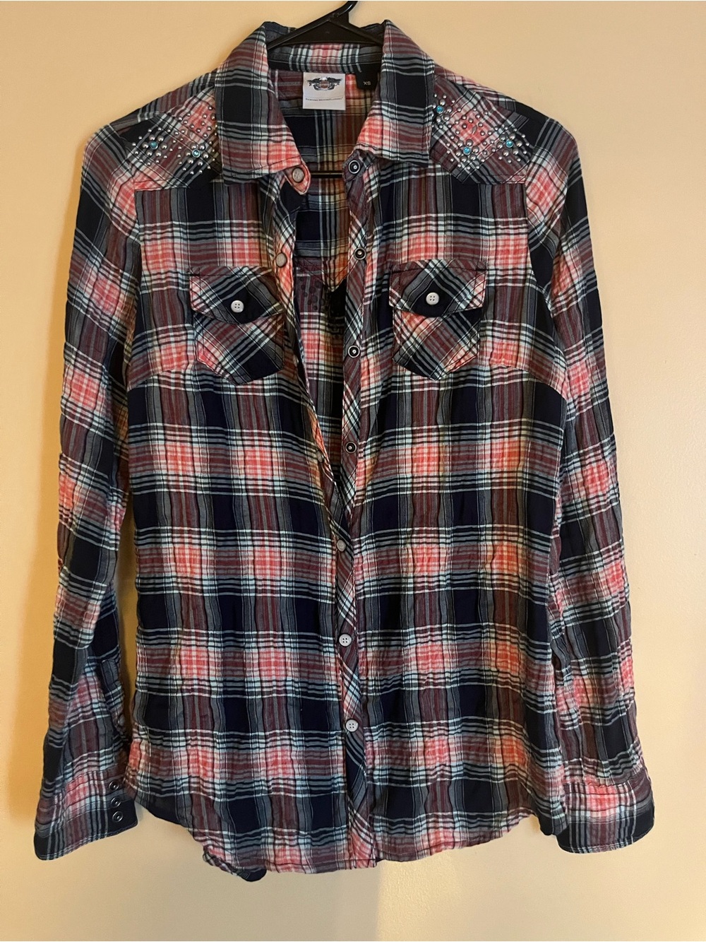 Harley-Davidson Black & Coral Plaid Shirt with Stud Details